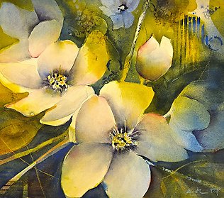 Blomstermålning i gröna och gula färger, av Ann Mari Löf.
