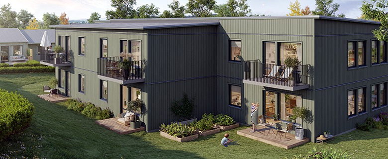 Illustration över nya bostäder i Äppellunden på Nannylundsområdet. 