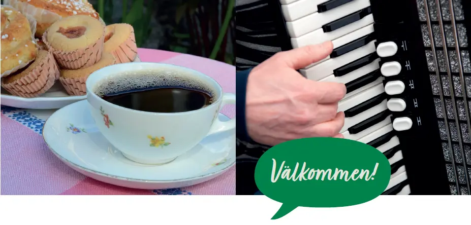 Två bilder, den ena föreställer en kopp kaffe och kakor samt ett dragspel i närbild.