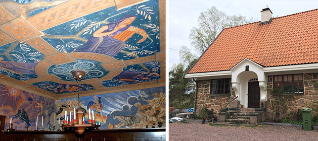Bild: villa Solvändan utvändigt och takmålningar invändigt.