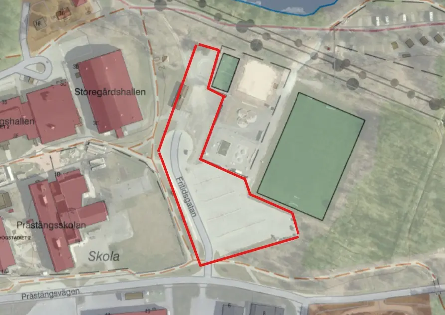 Karta över Fritidsgatan och Storegårdsparkeringen.