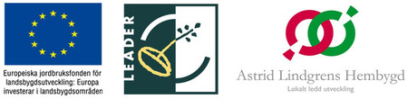 Logotyper för Europeiska jordbruksfonden, Leader och Astrid Lindgrens Hembygd