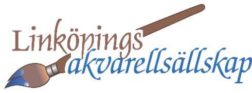 Logotype Linköpings akvarellsällskap, en text med en pensel inbäddad.