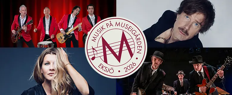 Collage med bilder på artister som medverkar i Musik på Museigården 2026.