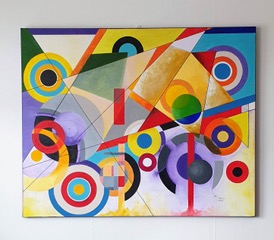 Abstrakt målning med geometriska former i starka färger. Konstnär: Amancio Funes Gonzales