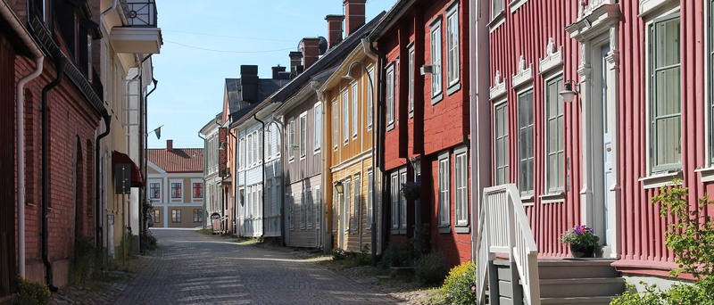 Bilden visar byggnader i olika färger, gata, skyltar och buskar. 