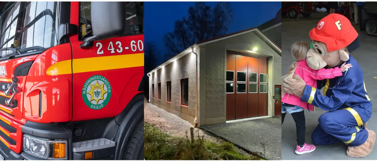 Ett kollage av tre bilder: närbild av en brandbil, nya garaget och maskoten Flammy.