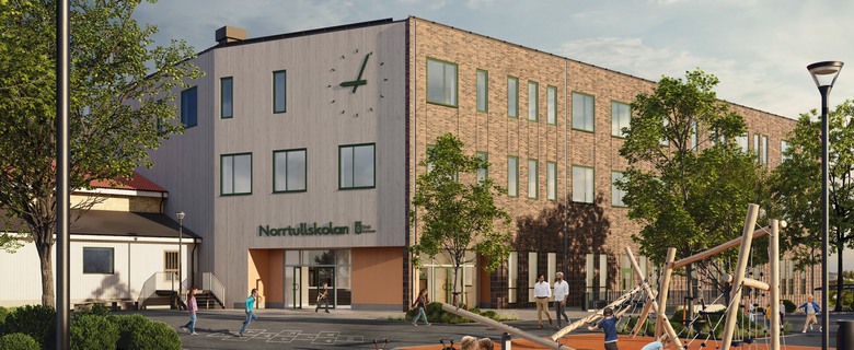 Visualisering av nybbyggnation av Norrtullskolan.