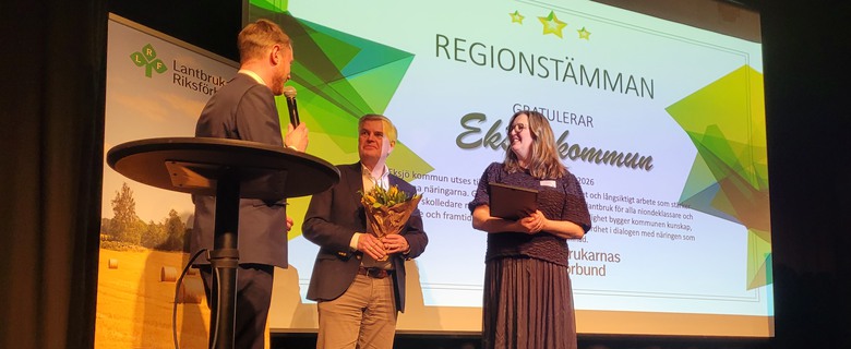 Markus Kyllenbeck och Sara Ejeby tar emot pris på scenen.