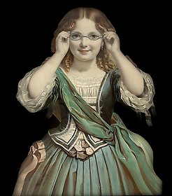Oljetryck som visar en flicka med grön klänning, hon håller ett par glasögon framför ögonen. Sent 1800-tal eller tidigt 1900-tal.