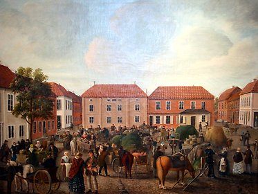 Målning av Axel Otto Mörner som visar Stora torget mot norr omkring år 1840.