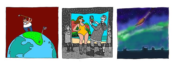 Collage med tre illustrationer av Johan Hesselstrand