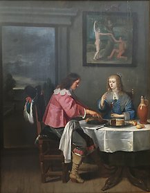 En man och en kvinna sitter vid ett dukat bord. De smakar på bordets läckerheter. Flamländsk 1600-talsmålning av Christoffel van der Laemen.