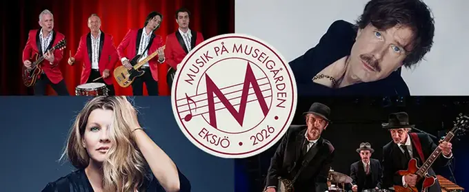 Collage med bilder på artister som medverkar i Musik på Museigården 2026.