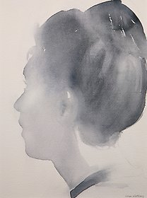 Akvarell av Lena Västberg som föreställer en kvinnas huvud snett bakifrån