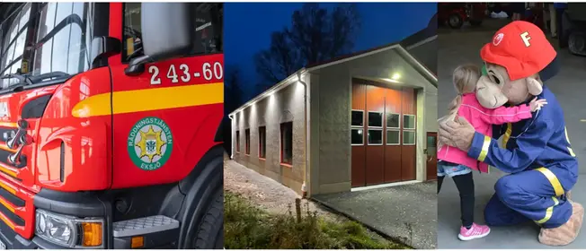 Ett kollage av tre bilder: närbild av en brandbil, nya garaget och maskoten Flammy.