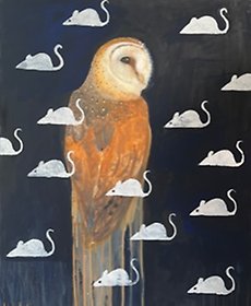 Målning av Adam Hedin. En uggla sitter på en stolpe, svart bakgrund och i förgrunden ett mönster av vita möss som även kan tolkas som vita svanar.